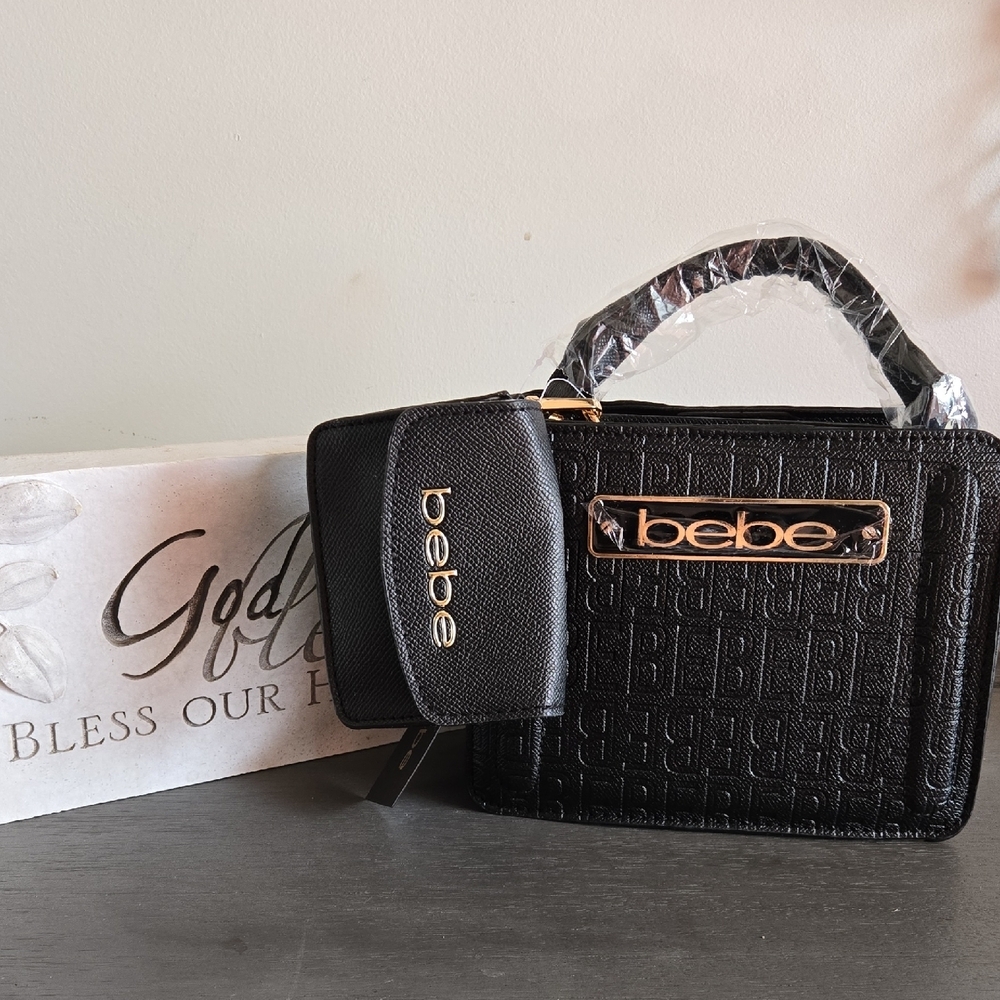 Bebe Black Embossed Thea Mini Top-Handle Bag with Gold Accent